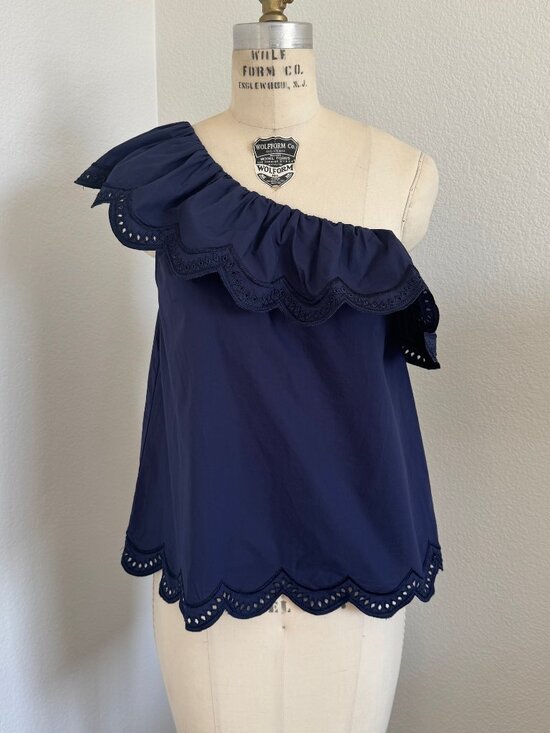 Aqua Tops - COPY Aqua | One Shoulder Ruffle Embroidered Cotton Top Size S
